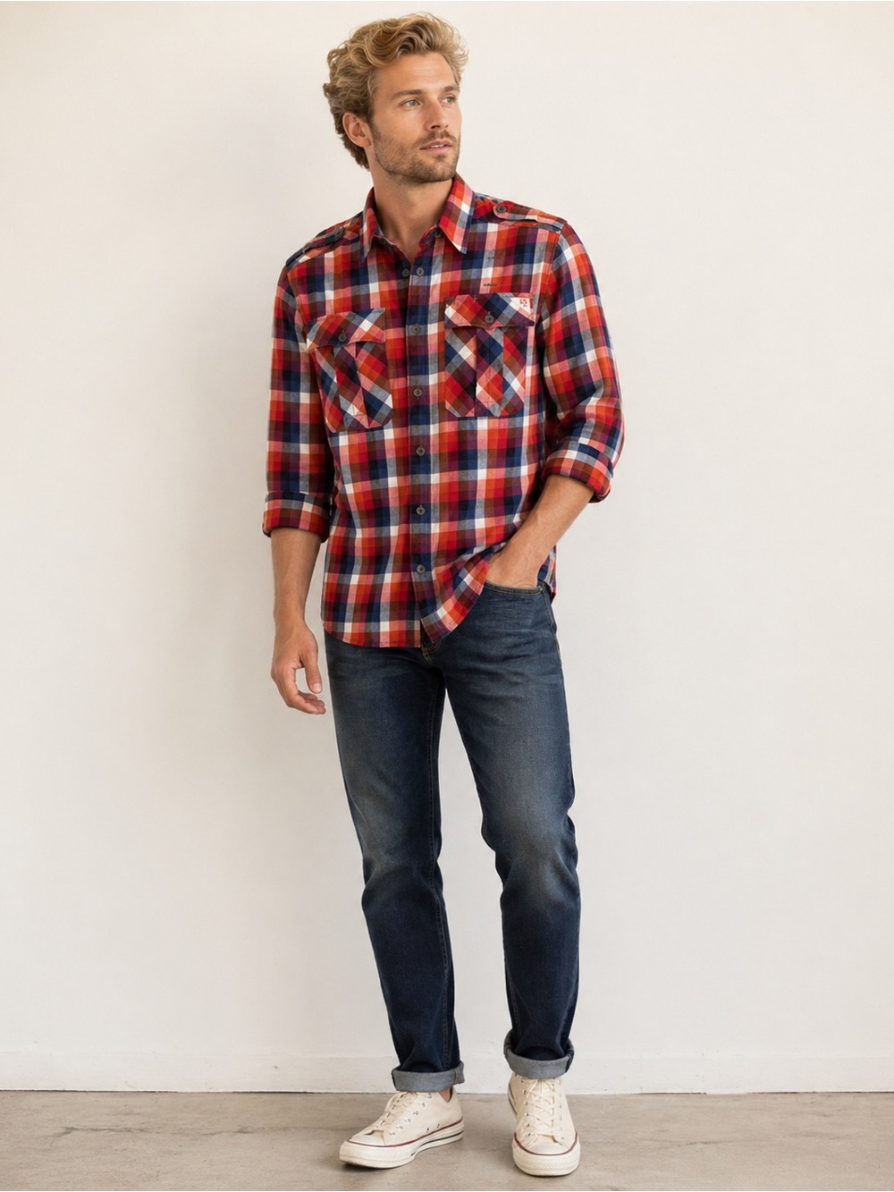 G-Star Raw Men’s Red Blue Plaid Button-Up Shirt Epaulets Size M Streetwear